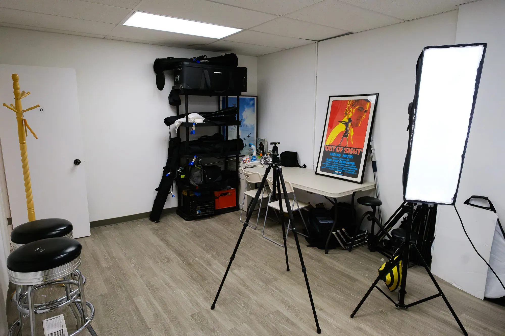 Calgary headshot studio prep area - seating and equipment in the Sunalta space
